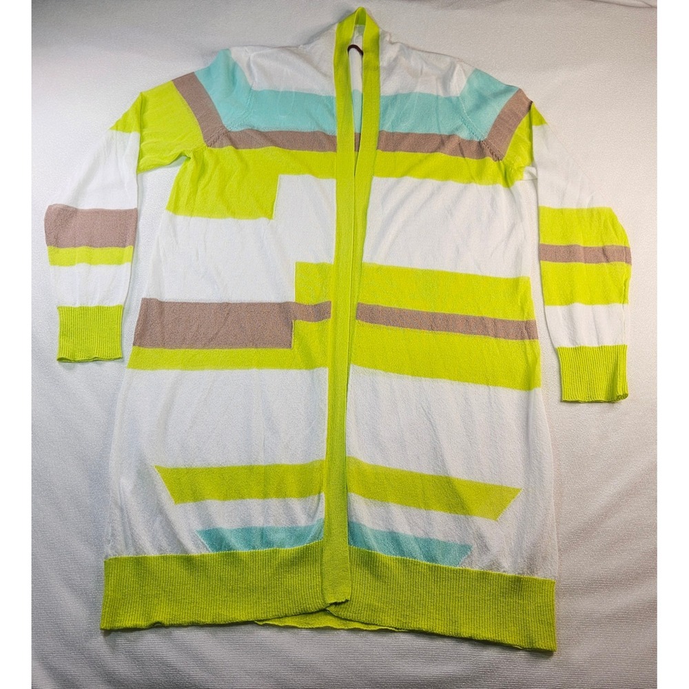 C35170201SM Neon Yellow Striped Colorblock Longline Open Front Cardigan L